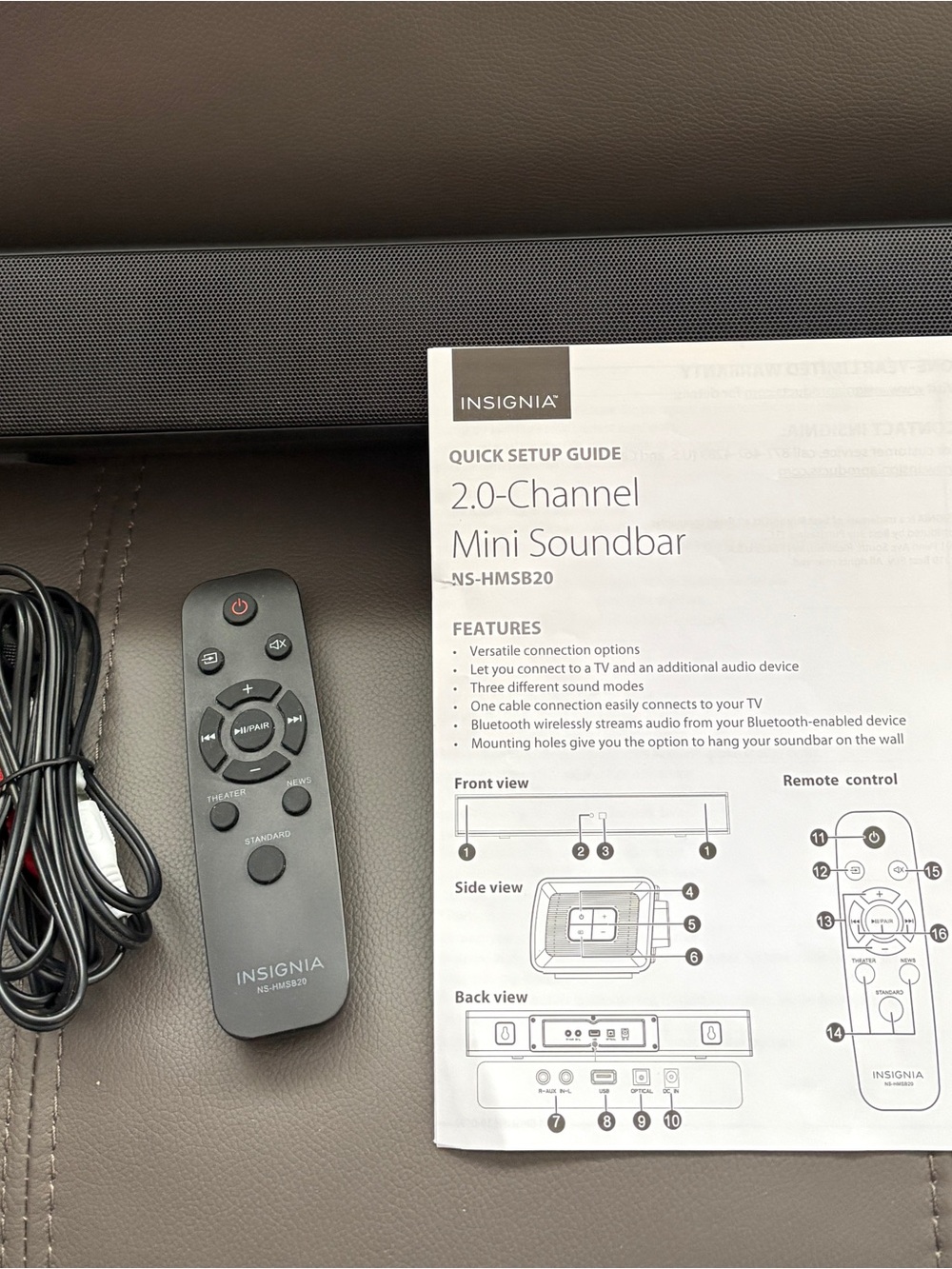 Insignia Black Mini Soundbar with Remote and RCA Cable
